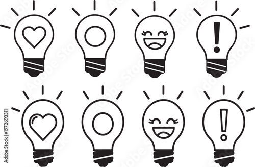 Eight cartoon light bulbs with different faces and symbols on white background