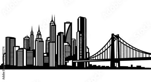 Detailed Black and White Cityscape Silhouette with Prominent Bridge.