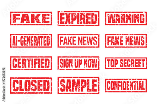 Red grunge rubber stamp vector collection with fake news top secret confidential closed and warning distressed signs