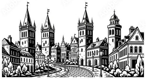 Detailed Black and White Illustration of a European Cityscape.