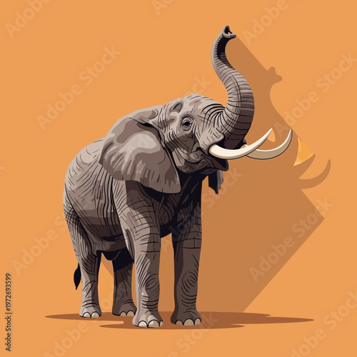 Gray elephant with large tusks standing.