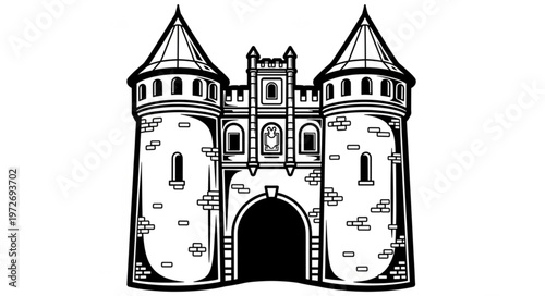 Detailed Black and White Illustration of a Medieval Castle Gatehouse.