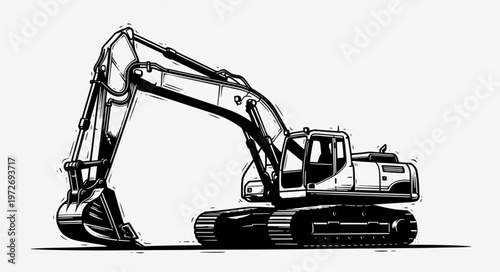Detailed Black and White Illustration of a Heavy Construction Excavator.