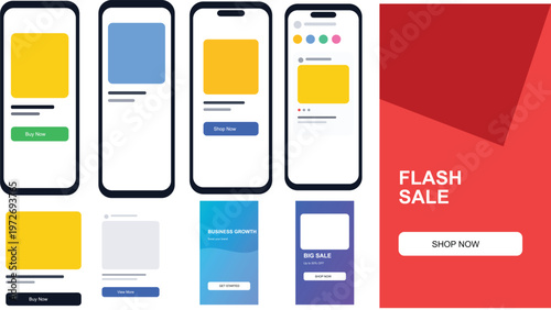 Mobile UI design kit for e-commerce apps, smartphone interface wireframes with flash sale banners, digital shopping application layouts