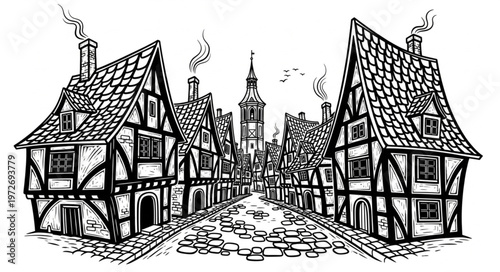 Detailed Black and White Illustration of a Medieval Town Street.