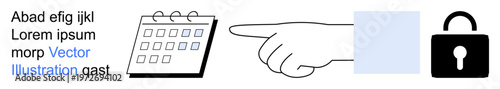 Scheduling, security, direction, organization, planning, data protection. Visuals include a calendar, a hand pointing and a padlock. Scheduling and security ideas illustrated clearly