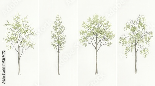 Collection of Four Fresh Green Trees in Different Growth Stages on White Background