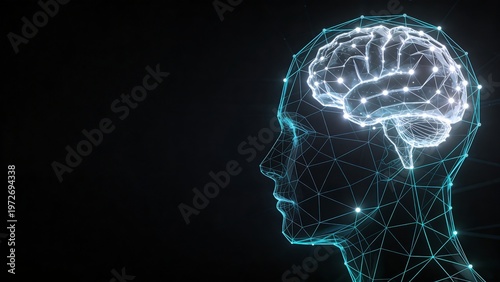 Artificial intelligence and neural network concept with glowing wireframe human head and brain profile on dark background