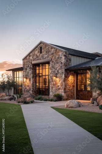 A picturesque stone building featuring expansive windows stands majestically at sunset, surrounded by a serene landscape filled with lush grass and scattered rocks