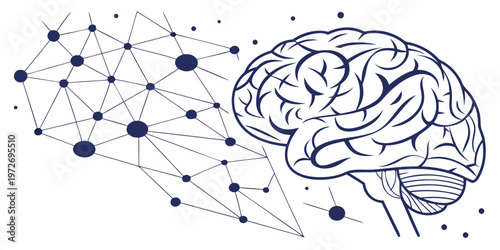 Illustration of a brain with a neural network on a, symbolizing artificial intelligence and cognitive function