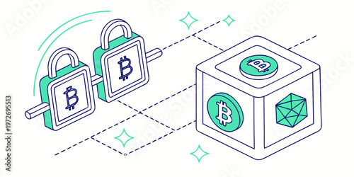 Vector illustration of bitcoin symbols on padlocks and cube with cryptocurrency icons