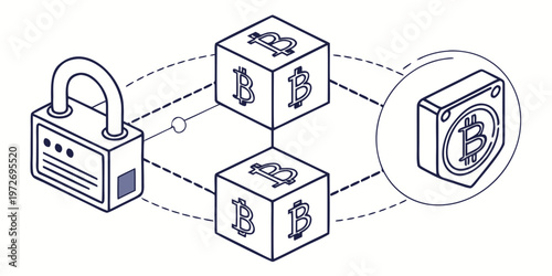Vector illustration of bitcoin blockchain and padlock on for secure cryptocurrency concept