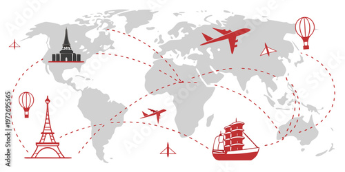 A gray world map with red travel icons and dotted lines on a, featuring landmarks like the eiffel tower and airplane silhouettes