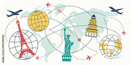 Vector illustration of famous landmarks and airplanes flying around the world map with globes