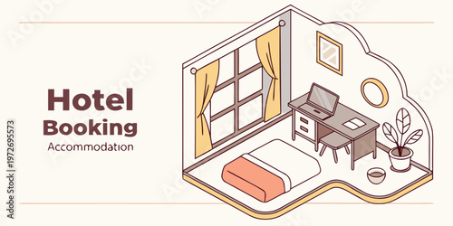 A hotel room with a bed desk and window for booking accommodation