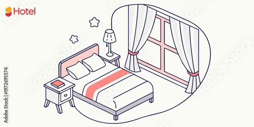 A cozy hotel room with a bed, nightstand, and window with curtains, perfect for travel and accommodation themes