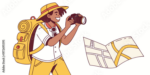 A cartoon illustration of a smiling traveler taking a photo with a camera while holding a map