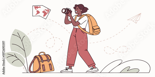 A woman with a backpack and a camera taking a picture while on a journey with a map and a paper airplane flying around her