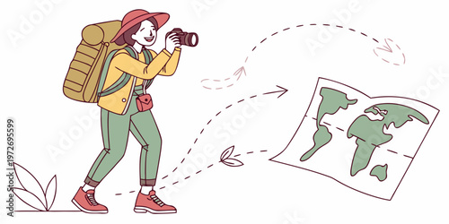 A cartoon woman with a backpack and camera looking at a world map while traveling