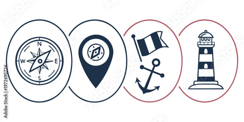Nautical navigation icons including compass, map pin, flag, anchor, and lighthouse for travel and direction
