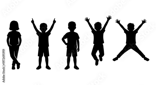 Happy children silhouettes set, group of five active kids jumping and playing, black vector silhouettes of boys and girls in motion