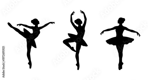 Graceful ballerina silhouettes set, elegant ballet dancer poses in black vector, 3 classical dance figures wearing tutus for performance design