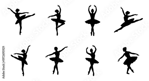 Graceful ballerina silhouettes set, elegant ballet dancer poses in black vector icons, 8 female performers in tutus for dance studio branding