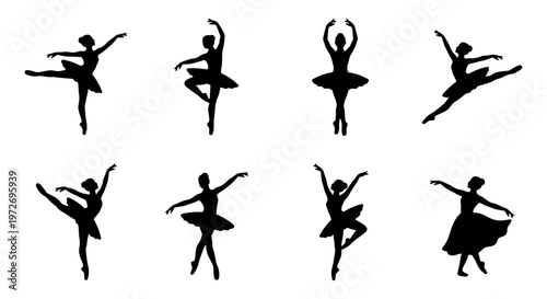 Graceful ballerina silhouettes set, 8 elegant ballet dancer vector icons, black female performer figures in classical dance poses and tutus