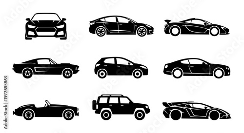 Modern car silhouette icons set, black automotive vector symbols of sedan and sports cars, collection of 9 vehicle transport graphics for web design