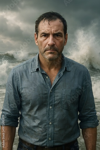 Serious man standing in front of a stormy ocean