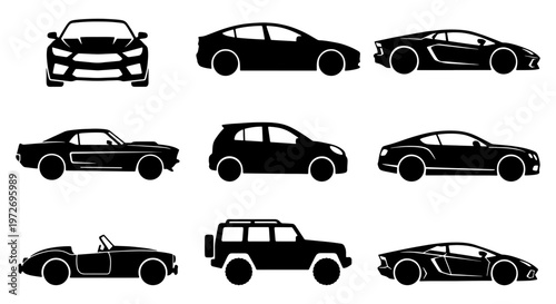 Modern car silhouettes collection, set of 9 black vehicle icons including sports cars and SUV, automotive transport vector graphics for web and print
