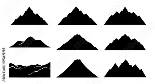 Minimalist mountain silhouette collection, set of 9 black mountain range icons, geometric peak vector shapes for outdoor adventure logos and branding
