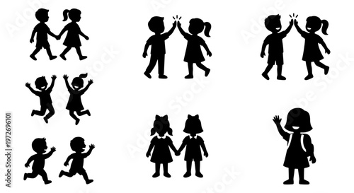 Children silhouettes set, happy kids playing and jumping vector icons, school students holding hands and high five, black childhood figures on white