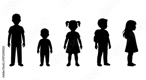 Black silhouettes of children standing in a row, set of five diverse kids figures, group of young students and toddlers in profile and front view