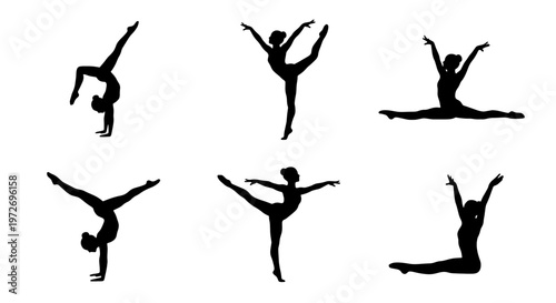Gymnastics silhouette set of 6 female athletes, rhythmic gymnastics poses and acrobatic stunts, black vector icons of girls performing yoga and dance