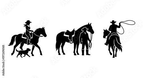 Western cowboy silhouette vector set, equestrian horse riding figures, wild west rancher with lasso and dog, black minimalist farm life icons