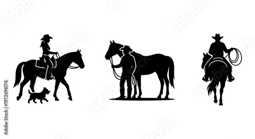 Western cowboy silhouettes set, horse rider with lasso and dog vector icons, ranch life and equestrian sport black graphics on white background