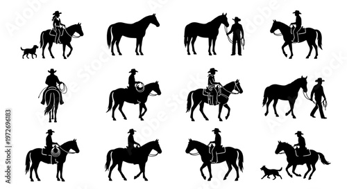 Cowboy silhouette vector set, western horse rider icons, ranch life and equestrian sports graphics, 12 black horse and rider silhouettes