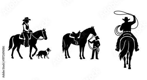 Western cowboy silhouette vector set, ranch life horse riding icons, black and white equestrian farm graphics, lasso and herding dog elements
