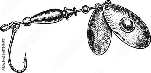 Fishing Lure Spinner Blade Detail Tandem Blades Vintage Engraving Style Isolated on White Background for Angling