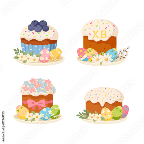 Easter cake and kulich set with painted eggs, blueberry muffin and spring flowers.