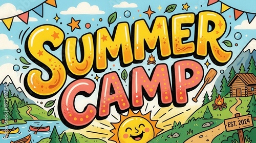 Vibrant Summer Camp Illustration With Nature Scenes and Happy Sun