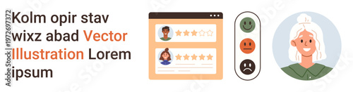 User feedback, online ratings, customer satisfaction, emotional response, digital reviews, profile information. Visual of a review panel, emotions indicator and user profile. User feedback