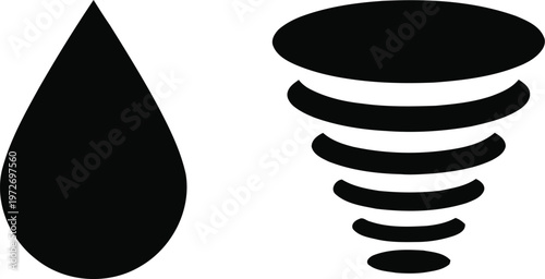 Black icons representing a water droplet and a funnel with liquid flowing out isolated on white background, Vector