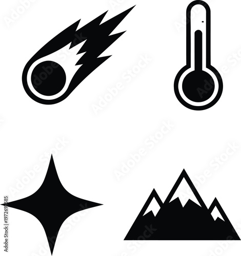 Four icons representing celestial, thermal, and terrestrial elements in black and white isolated on white background, Vector