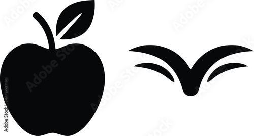 Simple black and white icons of an apple and an open book isolated on white background, Vector