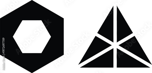 Geometric shapes with contrasting internal designs in black and white isolated on white background, Vector