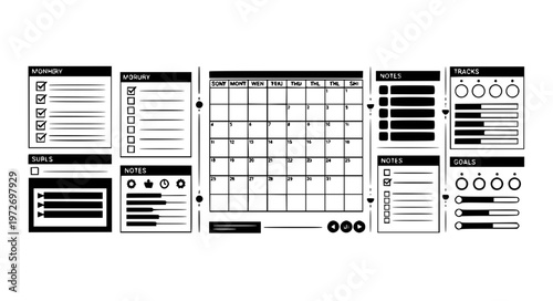 Sectioned Monthly Planner with Checklist Notes and Goals Tracker Black Silhouette Vector Illustration