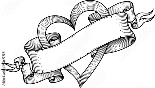 Heart Shaped Banner with Ribbon and Copy Space Vintage Engraving Style Romantic Emblem
