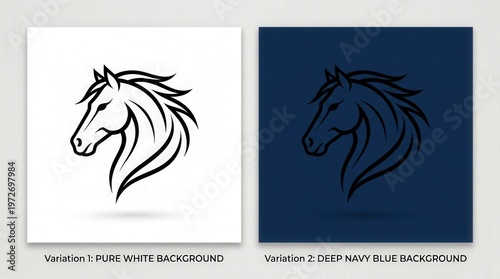 Elegant Horse Head Logo Illustration in Monochrome and Navy Blue Variations
